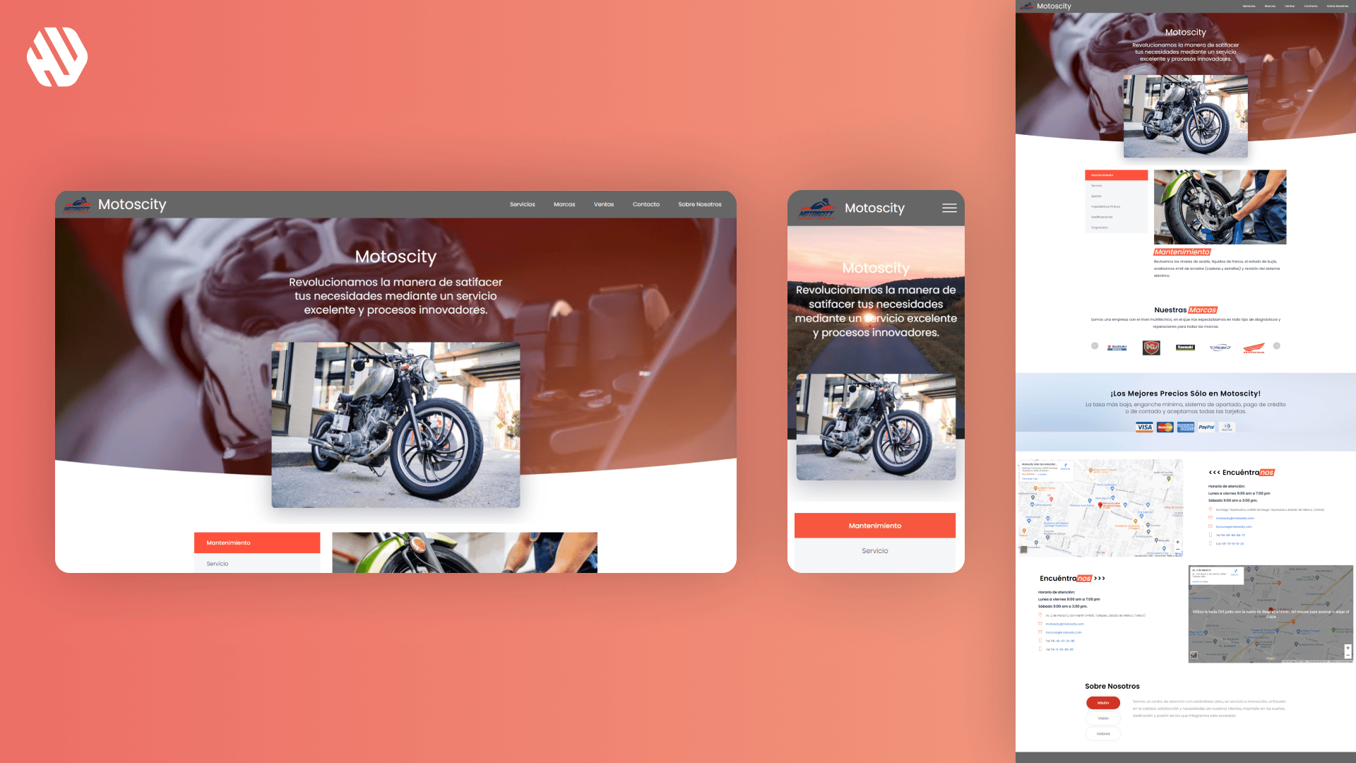 Screenshots of the Motoscity brand website interface with motorcycle images and navigation menus.